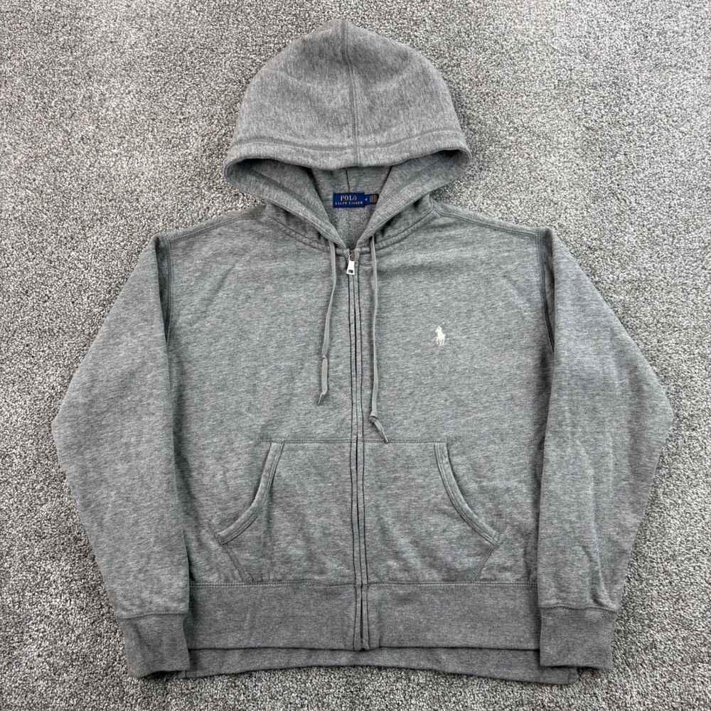Polo Ralph Lauren Hoodie Women's M Grey Cotton Full Zip Fleece Pony Cropped